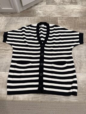 CAbi Black and White Striped Button Front Cardigan